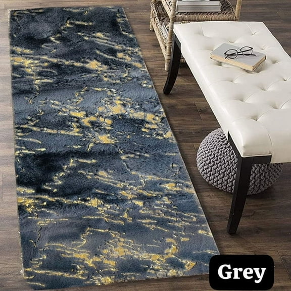 Gold Metalic Texture Print Faux Fuzzy Fur Area Rugs for Living Room - Washable Anti Slip Backing Non-Shedding Floor Mat for Home Dcor, Bedroom (2x5 Feet, grey)