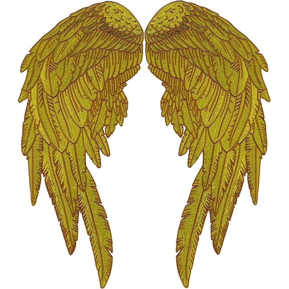 Gold Metallic Angel Wing Patches 14" | "Saints & Sinners" Realistic Wings and Feather Guardian Angels Back Patch | Embroidered Iron On | Large 2pc. Set - by Nixon Thread Co.