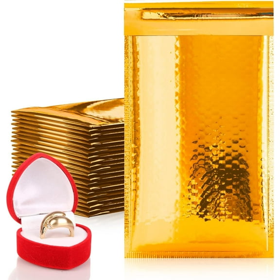 Gold Metallic Bubble Mailers, 4 x 7 Inches. 50 Pack Metallic Padded Bubble Mailers. Waterproof Padded Envelopes Metallic. Bright Foil Shipping Envelopes for Fragile Things