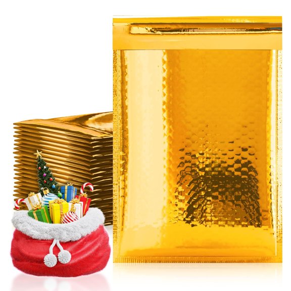 Gold Metallic Bubble Mailers, 25 pack, 7.25 x 11 in, Waterproof Padded Envelopes