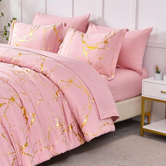 Gold Metallic Marble King Size Comforter Set, 7 Piece Bed in a Bag, Foil Print Glitter Pink Comforter and Sheet Set, All Season Soft Microfiber Complete Bedding Sets (Pink, King)