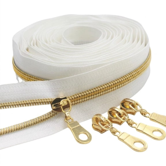 Gold Metallic Nylon Coil Zippers by The Yard 10 Yards Bulk, Continuous Zipper Tape with 25 Polished Gold Sliders, Durable Sewing Supplies for Tailor Crafts, Bags, Pillows, Beige