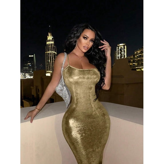 Gold Metallic Slim Fit Strappy Maxi Dress For Women
