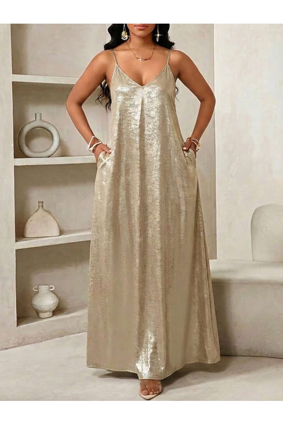 Gold Metallic Slip Maxi Dress With Spaghetti Straps And V-Neck Loose Fit For Women