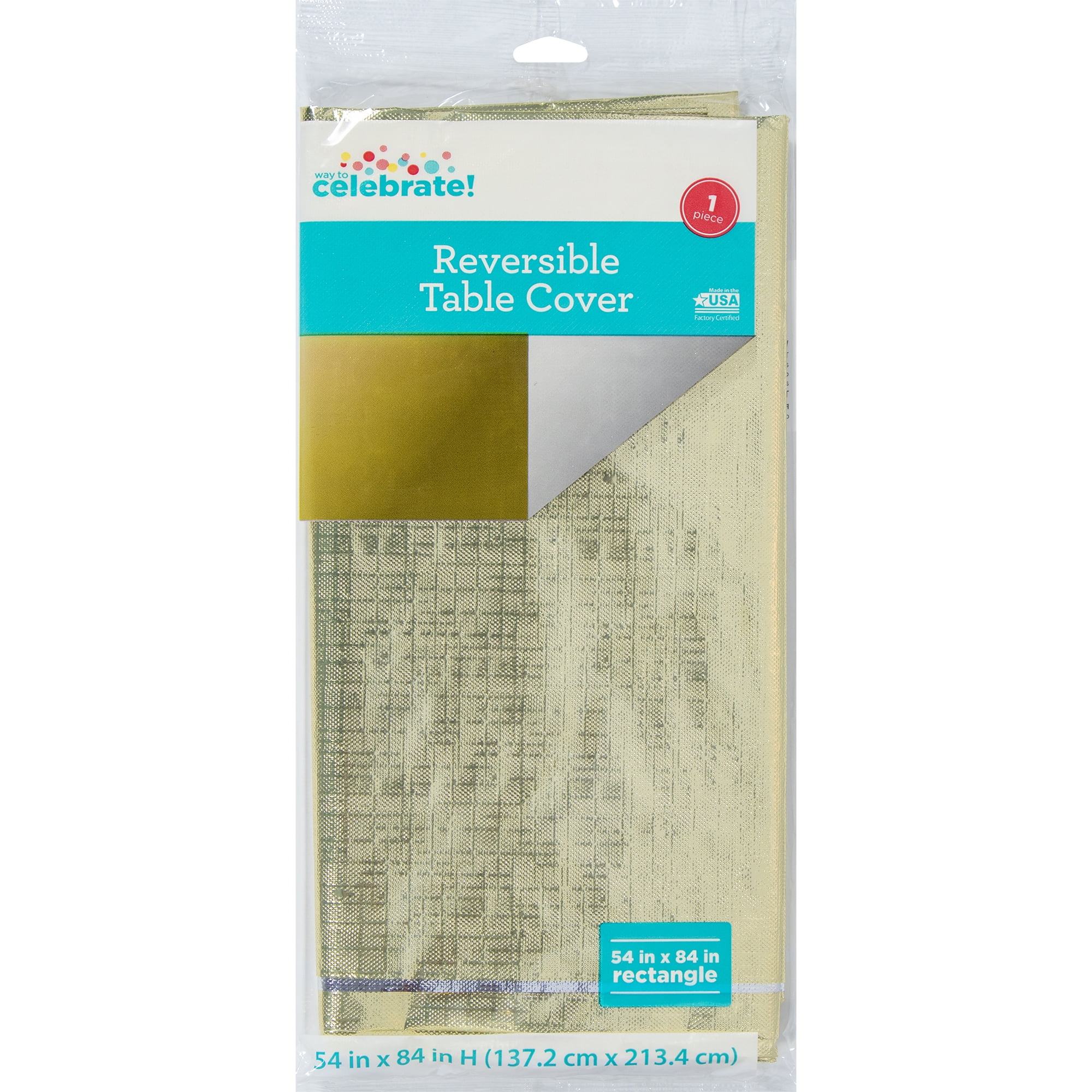 Way to Celebrate Gold Metallic Foil Reversible Tablecloth Party Supplies, 54" x 84", Disposable Plastic