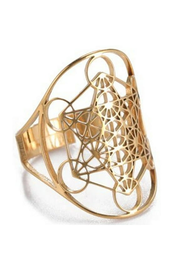 Gold Metatron's Cube Ring Stainless Steel Spiritual Sacred Geometry Band Women's Fantasy Forge Jewelry