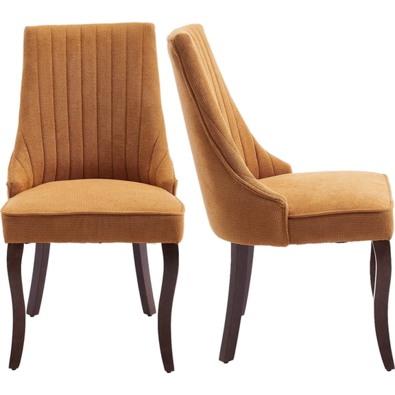 Gold Mid Century Dining Chairs Set of 2, Modern Kitchen & Dining Room Chairs Set of 2, Linen Upholstered Kitchen Chairs for Dining Table, Sillas de Comedor, Wood Legs (Yellow, 2 Pcs)