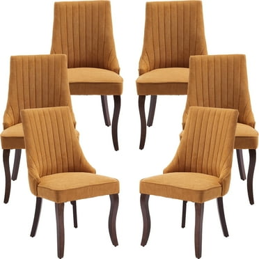 Gold Mid Century Dining Chairs Set of 6, Modern Kitchen & Dining Room Chairs Set of 6, Linen Upholstered Kitchen Chairs for Dining Table, Sillas de Comedor, Wood Legs (Yellow, 6 Pcs)