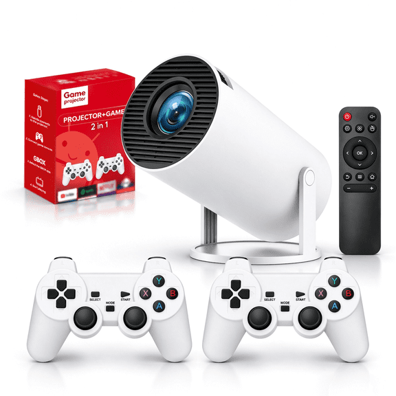 Gold Mini Projector with Retro Gaming Console, 2 Retro Game Sticks, Portable Projector with 30,000 Built-In Retro Games
