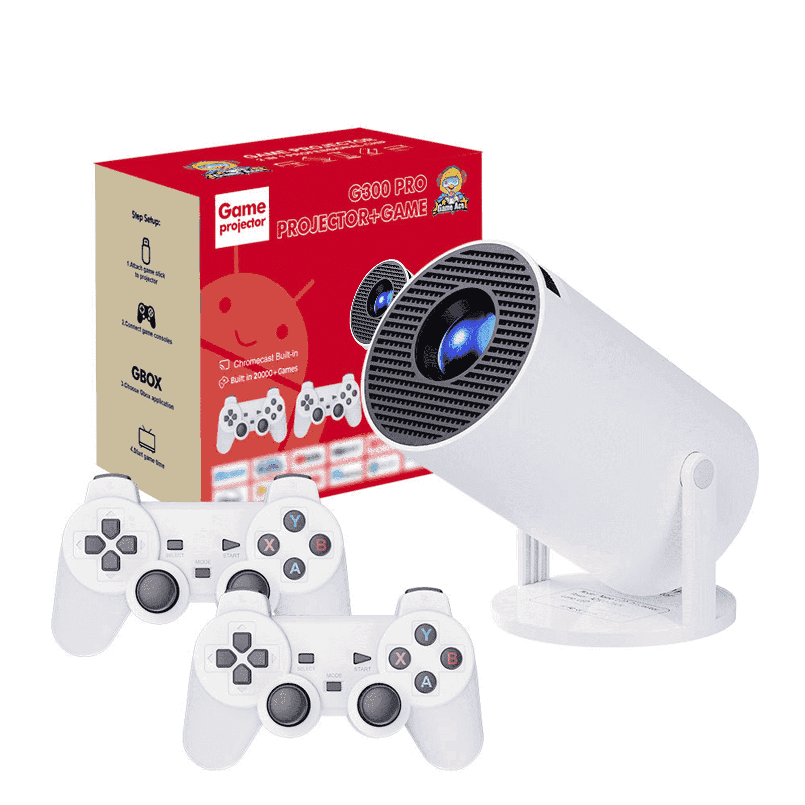 Gold Mini Projector with Retro Gaming Console, 2 Retro Game Sticks, Portable Projector with 30,000 Built-In Retro Games