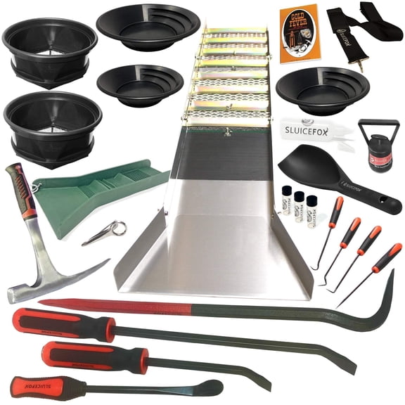 Gold Mining Kit Complete Set: 50 Inch Folding Sluice Box, Prospecting Equipment with Rock Pick Hammer, Classifiers, Pay Dirt Scoop, Crevice Tools, Miners Moss, Black