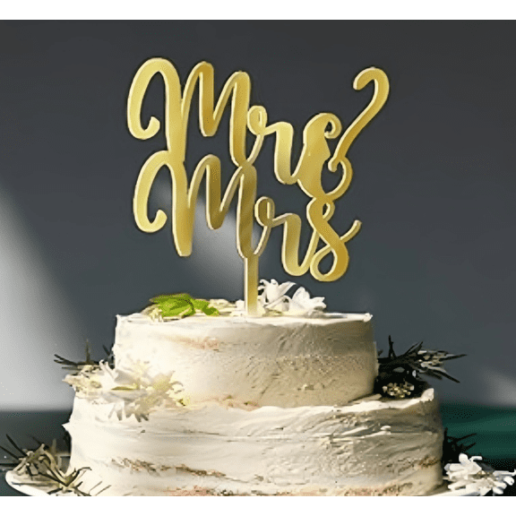 Gold Mirror Acrylic Mr & Mrs Cake Topper, Big Swirl Interlocked Cursive Script Cake Pick for Rustic Wedding Naked Cake, Single Piece