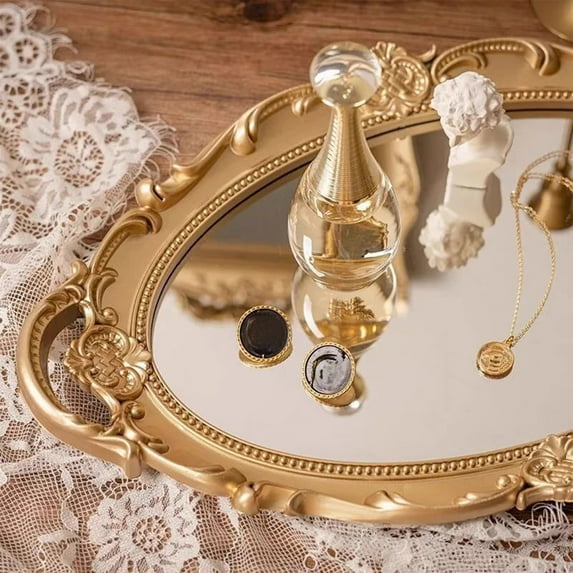 Gold Mirror Tray Vintage Vanity Tray for Dresser - European Carved Cake Dessert Tray - Coquette Room Decor, Bedroom, Bathroom Oval Antique Serving Makeup Organizer