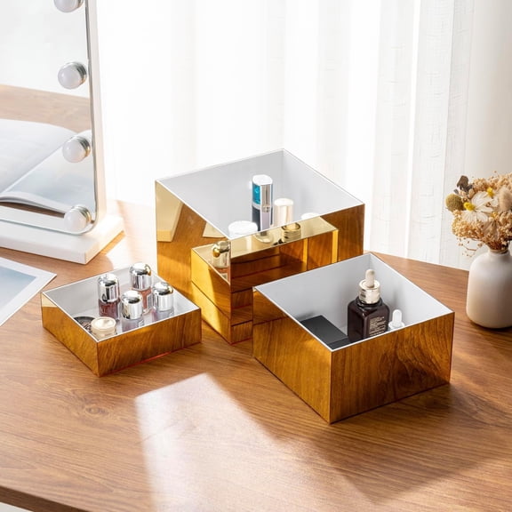 Gold Mirrored Risers Display Stands, 8, 7, and 6 Inch Block Box Risers, Dessert Stands for Dessert Table, Nesting Buffet Table Risers for Cakes Appetizers Food Catering Party Event Decor, 3 Piece Set