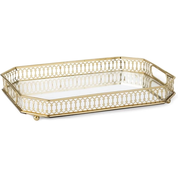 Gold Mirrored Tray with Handles, Decorative Serving Tray for Home, Kitchen, Living Room and Coffee Bar, Large Capacity Organizer