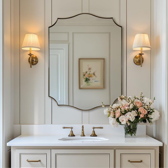 Gold Mirrors, 24x32 Inch Bathroom Vanity Mirror, Antique Brass Asymmetrical Mirror, Unique Rectangle Mirror with Sophisticated Curved Design, Ideal for Home Decor