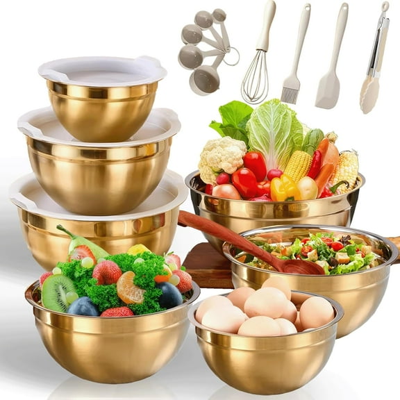 Gold Mixing Bowls Set with Kitchen Accessories, Stainless Steel Nesting Bowls with Airtight Lids for Baking, Prepping and Serving Food, Stackable