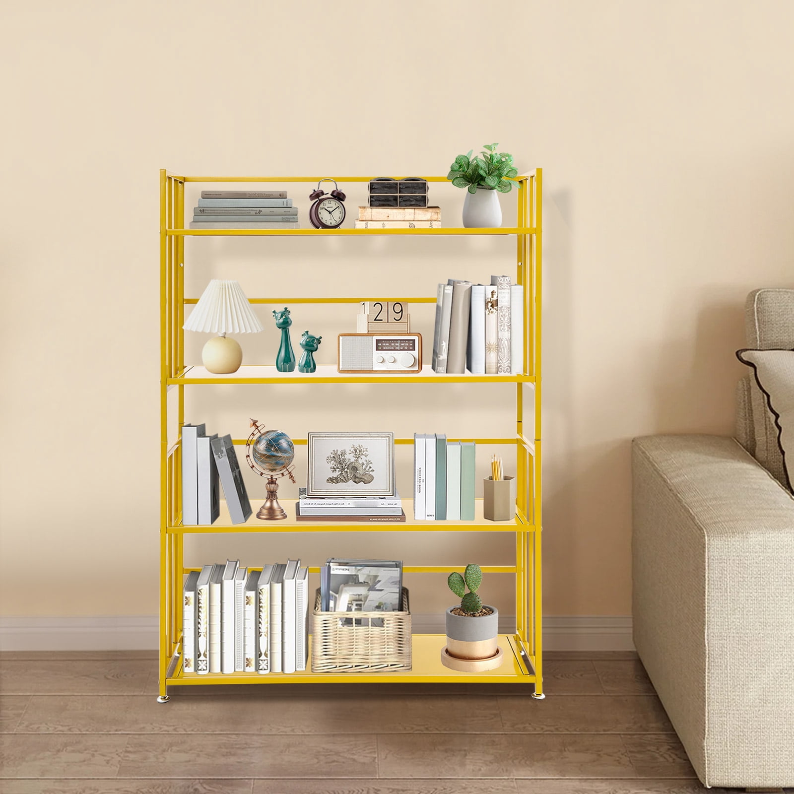 Gold Modern 4-Tier Floor Standing Bookcase 80x25cm Iron Storage Shelf ...