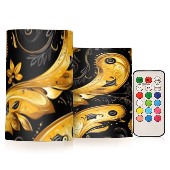 Gold Modern Art Deco Flickering Flameless Candles Battery Operated with Remote Timer LED Pillar Candles Set of 2