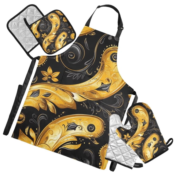 Gold Modern Art Deco Oven Mitts and Pot Holders with Chef Apron Set 5 Pcs Kitchen Cooking Set