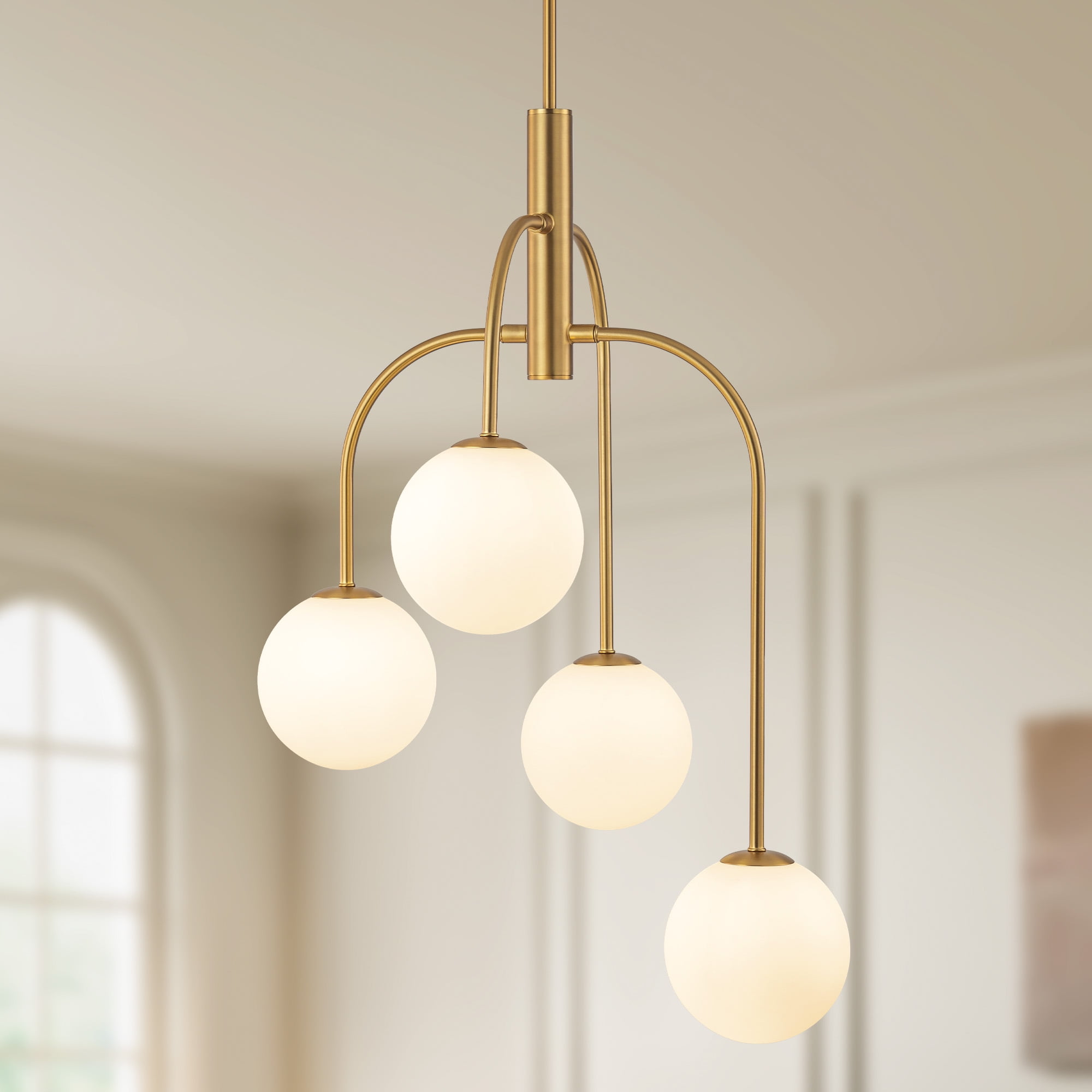 Gold Modern Chandelier Milk Glass Globe 4-Light Chandelier Brass Gold Pendant Light Fixture Industrial Iron Ceiling Light Fixture for Kitchen Island Bedroom