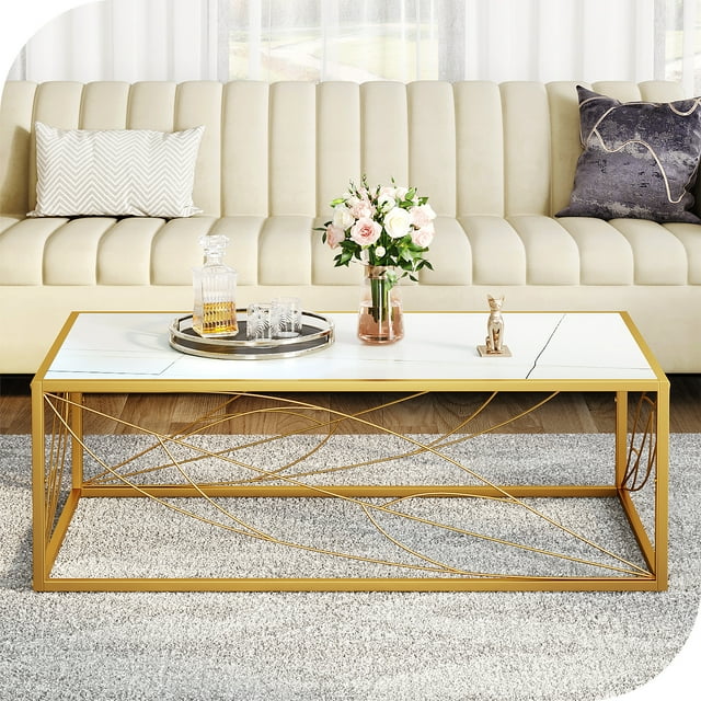 Gold Modern Coffee Table 47.25" leaf Rectangular Metal Frame And