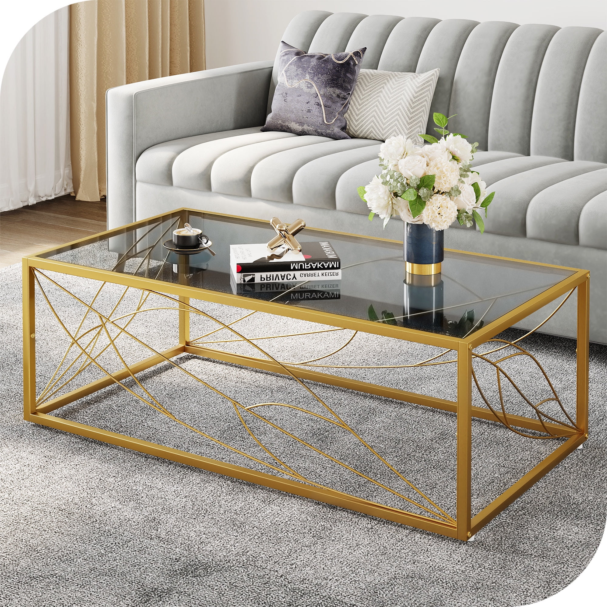 Gold Modern Coffee Table 47.25" leaf Rectangular Metal Frame And