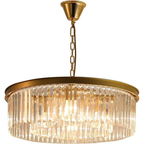 Gold Modern Crystal Chandelier,8-Light Round Flush Mount Crystal Ceiling Light Fixtures Adjustable Hanging Lighting Pendant Light Fixture for Dining Room Living Room