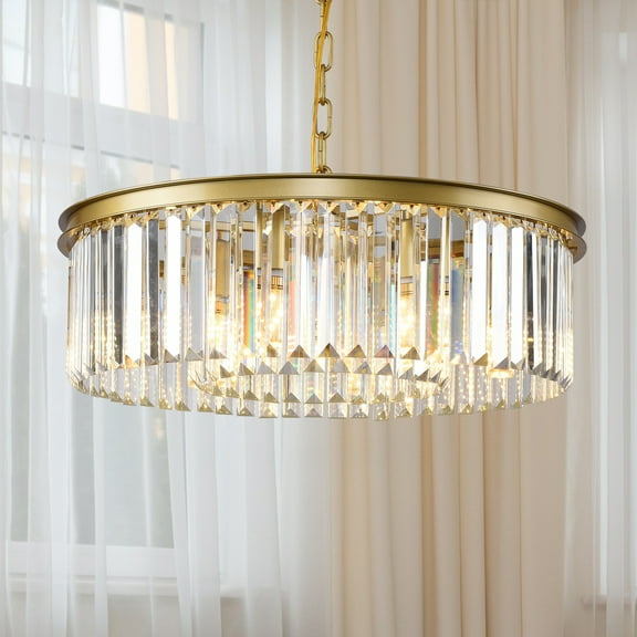 Gold Modern Crystal Chandelier Lighting Ceiling Light Fixture 2-Tier K9 Crystal Hanging Pendant Light for Dining Room Kitchen Island Living Room Bedroom Hallway