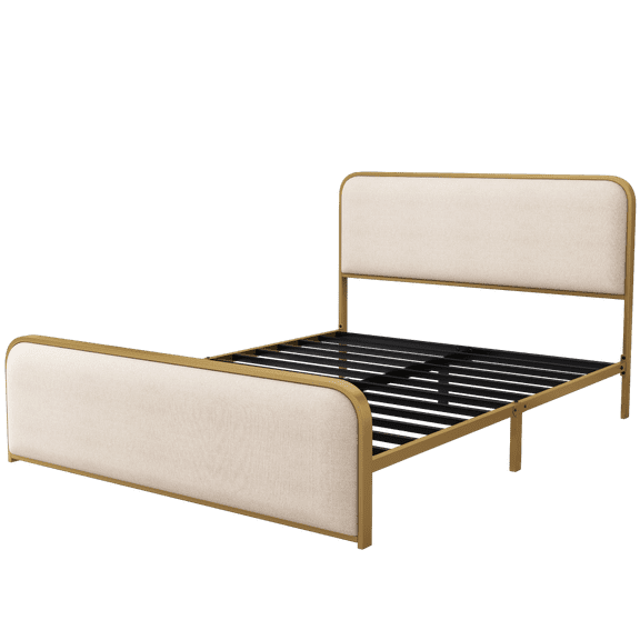 Gold Modern Metal Bed Frame with Curved Upholstered Headboard and Footboard Bed with Under Bed Storage,Heavy Duty Metal Slats,Queen Size,Beige