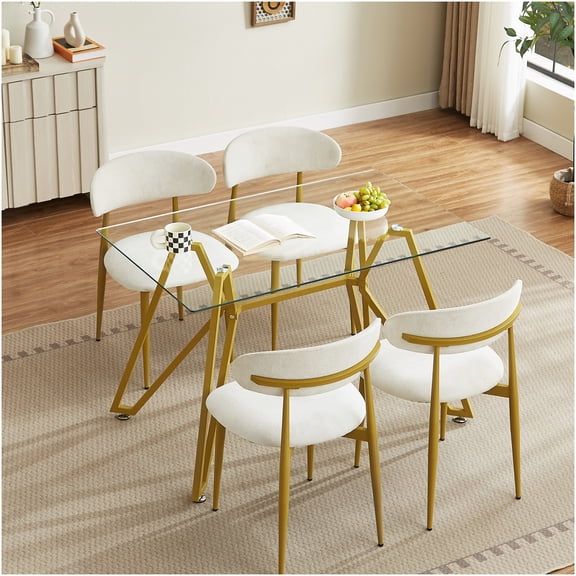 Gold Modern Rectangular Glass Dining Table for 6, Tempered Glass Top with Sturdy Metal Legs, Kitchen Dining Room Table for Home Office