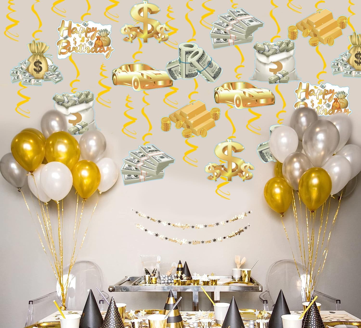 Gold Money Hanging Swirls Decorations Dollar Bill Currency Symbol