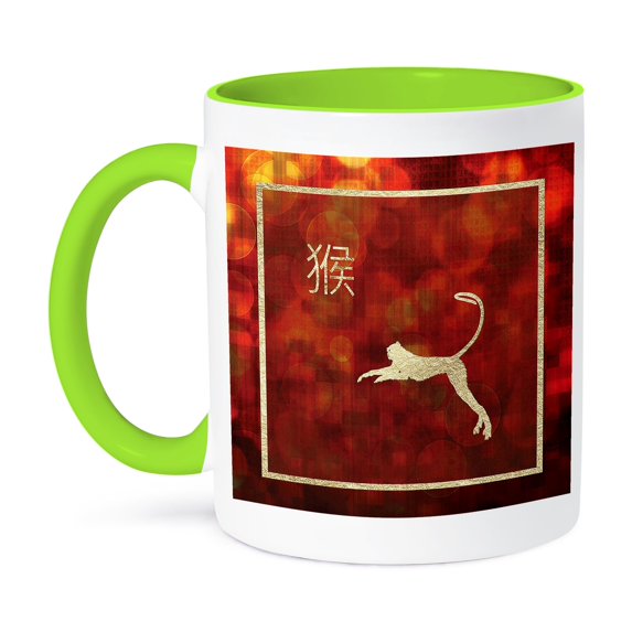3dRose, Gold Monkey Leaping, Fire and Lights, Orange, Red, Sign of the Monkey, 11oz Two-Tone Green Mug
