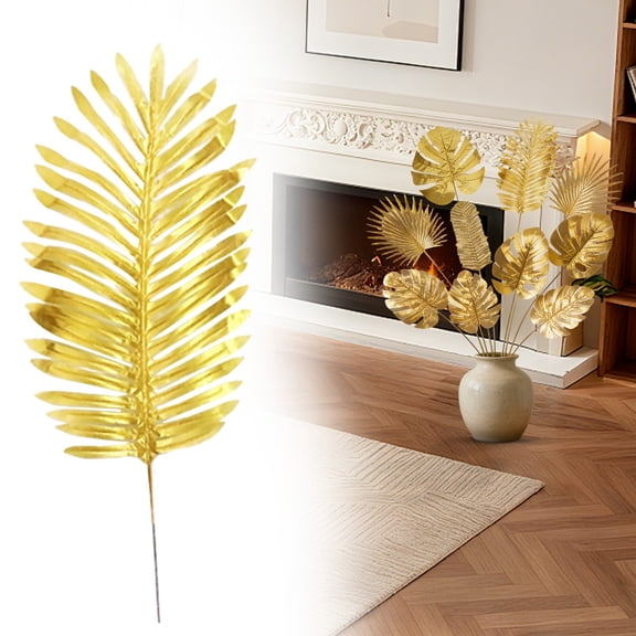 Gold Monstera Leaf Artificial Plant (Golden Palm Leaf) - Metallic Bathroom & Home Decor for Vase or Shelf. Tropical Vibes!