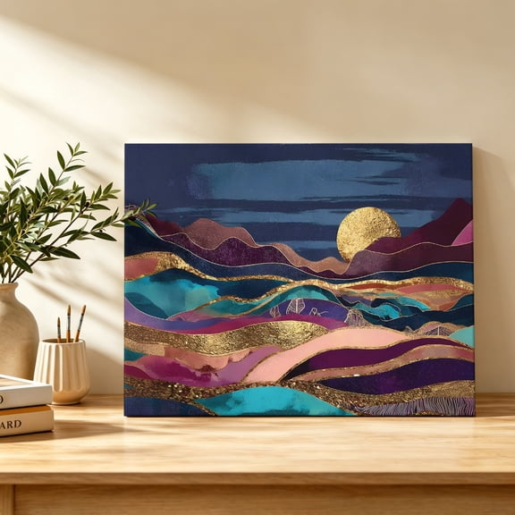 Gold Moon Canvas Wall Art, Abstract Landscape Navy Plum Mountains Waves Horizon Night Wall Art Prints Artwork Framed Canvas Ready to Hang Art Pictures for Bathroom Bedroom Entry Desk Corner 10" x 8"