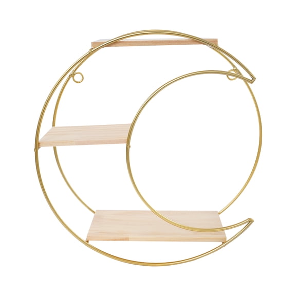 Gold Moon Shape 3 Tier Wall Shelf, Metal & Wood Floating Shelves for Living Room, Bedroom & Bathroom Decor