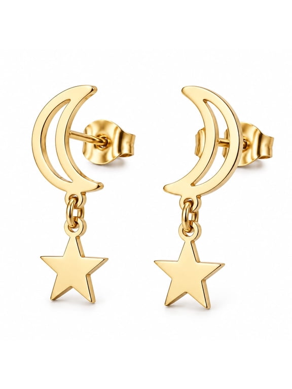 Gold Moon Star Stud Dangle Earrings for Women Stainless Steel Celestial Minimal Design