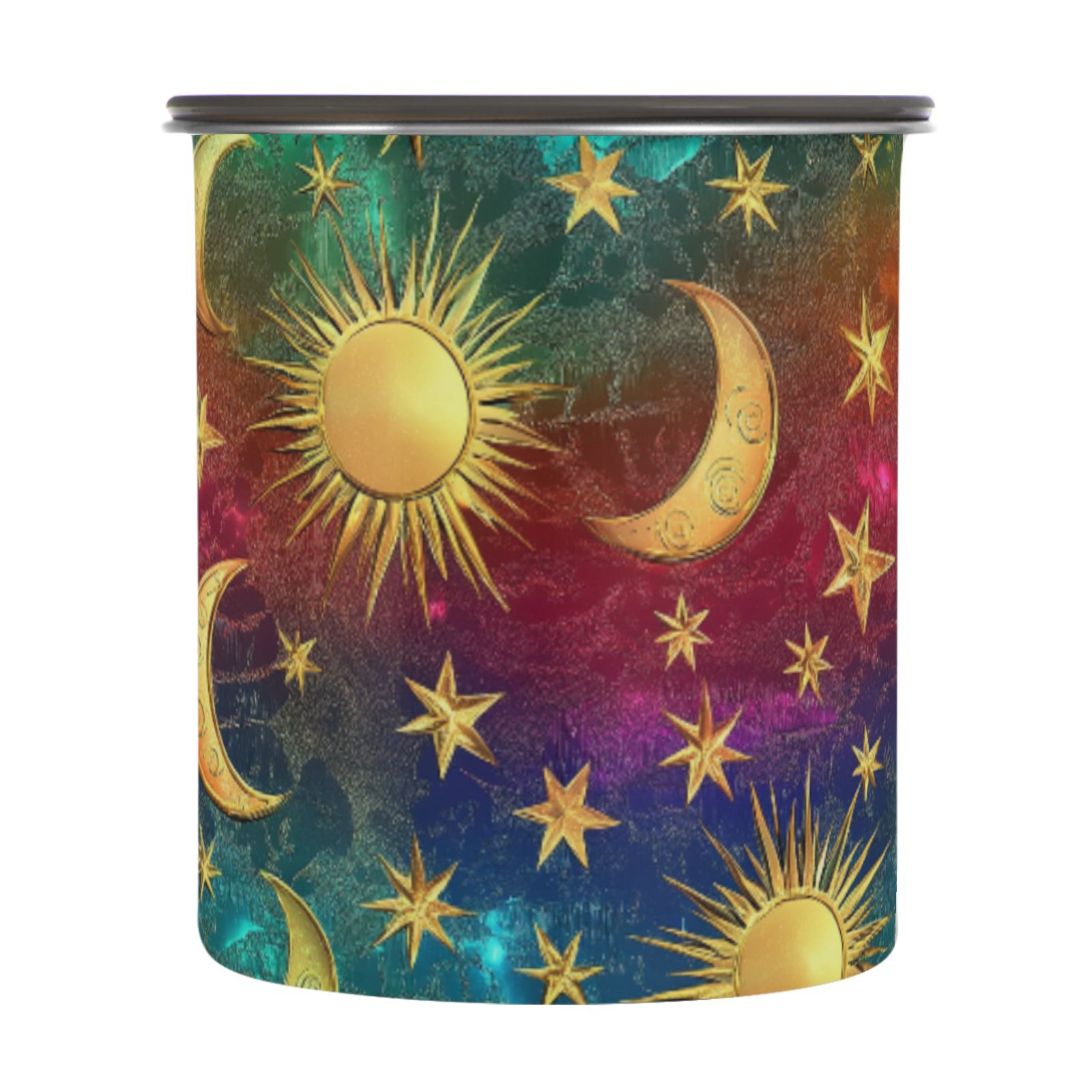 Gold Moon Star Sun Rainbow Color Airtight Coffee Bean Canister 30oz Food Storage Containers with Lids For Gournd, Tea, Sugar, Flour, Rice, Cereal, Candy Cookie Jar