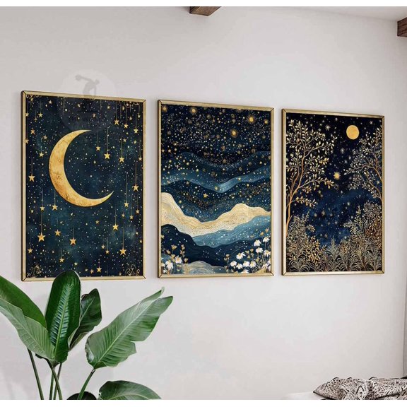 Gold Moon William Morris Wall Art Prints, Botanical Night Sky Decor