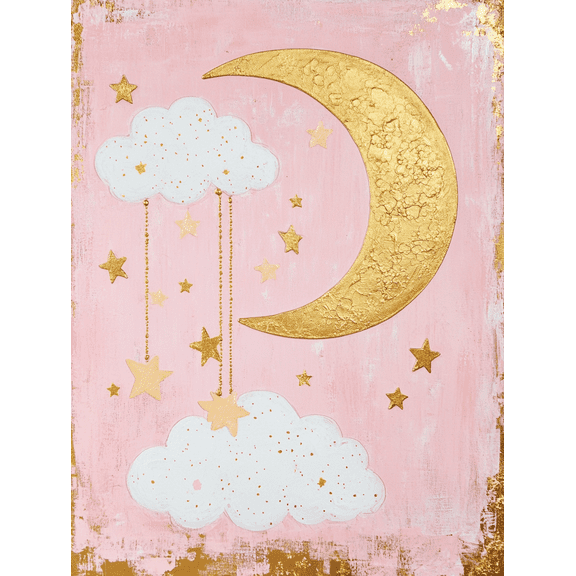 Gold Moon and Clouds Canvas Art Print Suitable for Bedroom Living Room Nursery Girl's Room and Dorm Decor