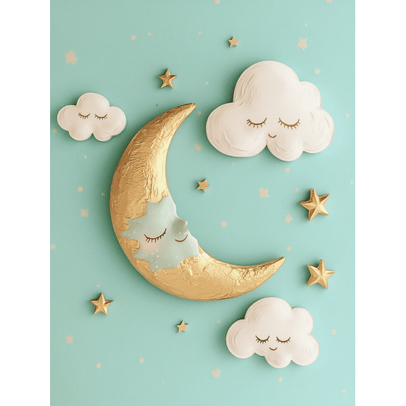 Gold Moon and Clouds Canvas Wall Art Suitable for Bedroom Living Room Nursery Bathroom and Office Decoration.