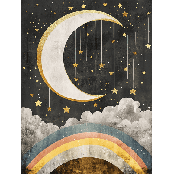 Gold Moon and Rainbow Canvas Art Print Perfect for Living Room Bedroom Nursery Office and Hallway Decoration.