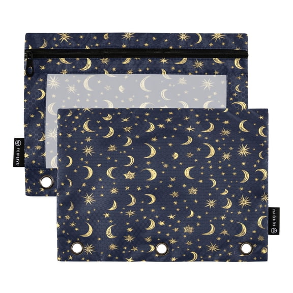 Gold Moons and Stars 9.8x7.1in Water Resistant Binder Pouch, 3-Ring Compatible, Transparent Front