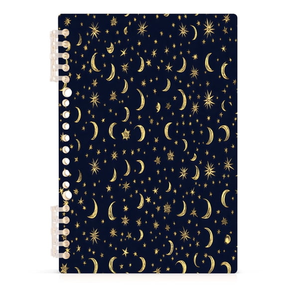 Gold Moons and Stars A5 8.3x5.7in PP Notebook, Adjustable Rings, 60 Sheets, Diary or Journey Note