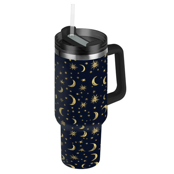 Gold Moons and Stars Insulated Tumblers 40oz Double-Walled Stainless Steel Handheld with Adjustable Handle