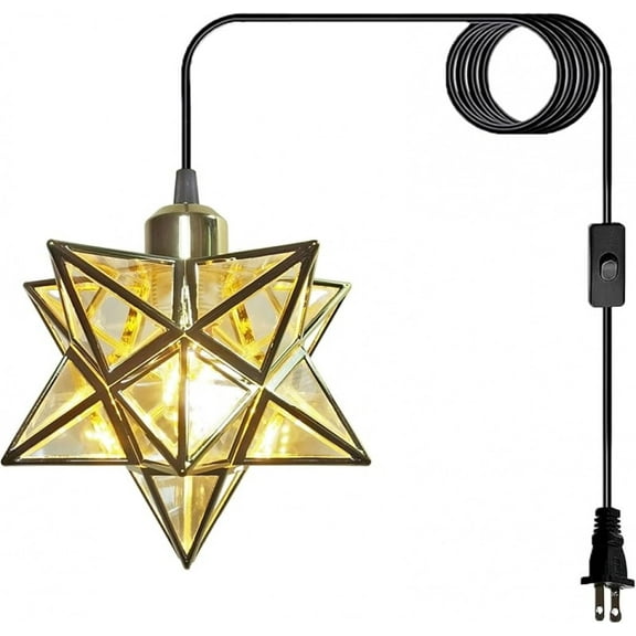 Gold Moravian Star Hanging Light with 16.5ft Plug-in Cord,Farmhouse Star Pendant Light Fixture with Switch,Indoor Decorative Ceiling Light for Bedroom Kitchen Island Porch Etc(LED Bulb Include)