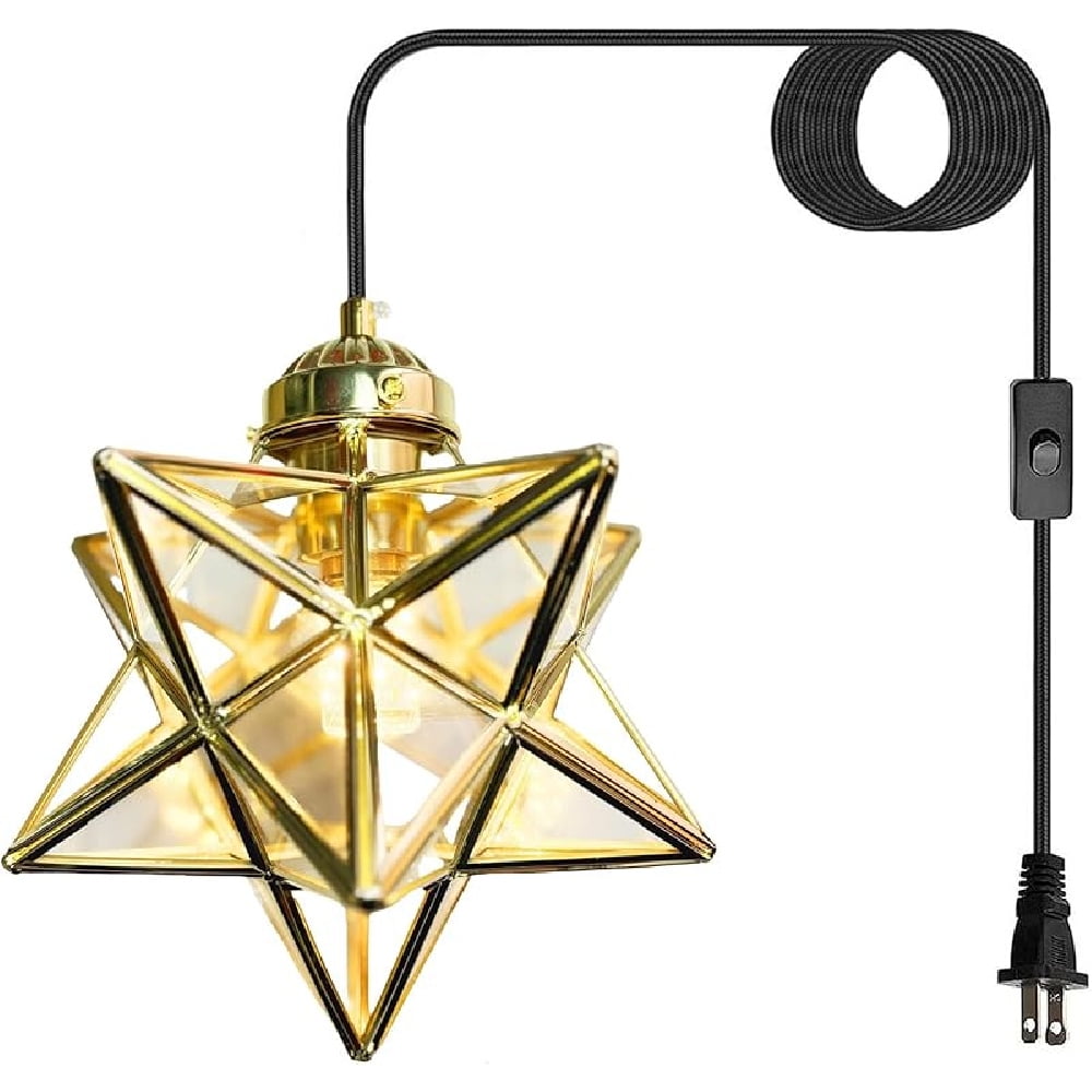 Gold Moravian Star Pendant Light with Brass Shade&Seeded Glass, 16.5ft Plug-in Hanging Light Fixture with Switch, Brass Lighting Fixture for Kitchen Island, Bedroom, Nursery(LED Bulb Included)