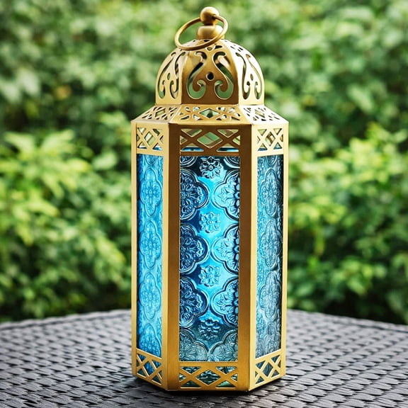 10.5" Medium Moroccan Lantern Candle Holder – Gold with Blue Glass, Metal Decorative Lamp for Indoor/Outdoor Patio or Porch Use, Home Decor, Ramadan, Weddings