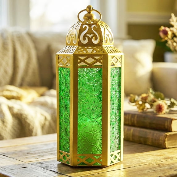 10.5" Medium Moroccan Lantern Candle Holder – Gold with Green Glass, Metal Decorative Lamp for Indoor/Outdoor Patio or Porch Use, Home Decor, Ramadan, Weddings