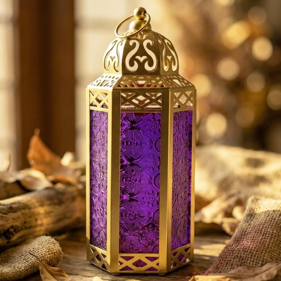 10.5" Medium Moroccan Lantern Candle Holder – Gold with Purple Glass, Metal Decorative Lamp for Indoor/Outdoor Patio or Porch Use, Home Decor, Ramadan, Weddings